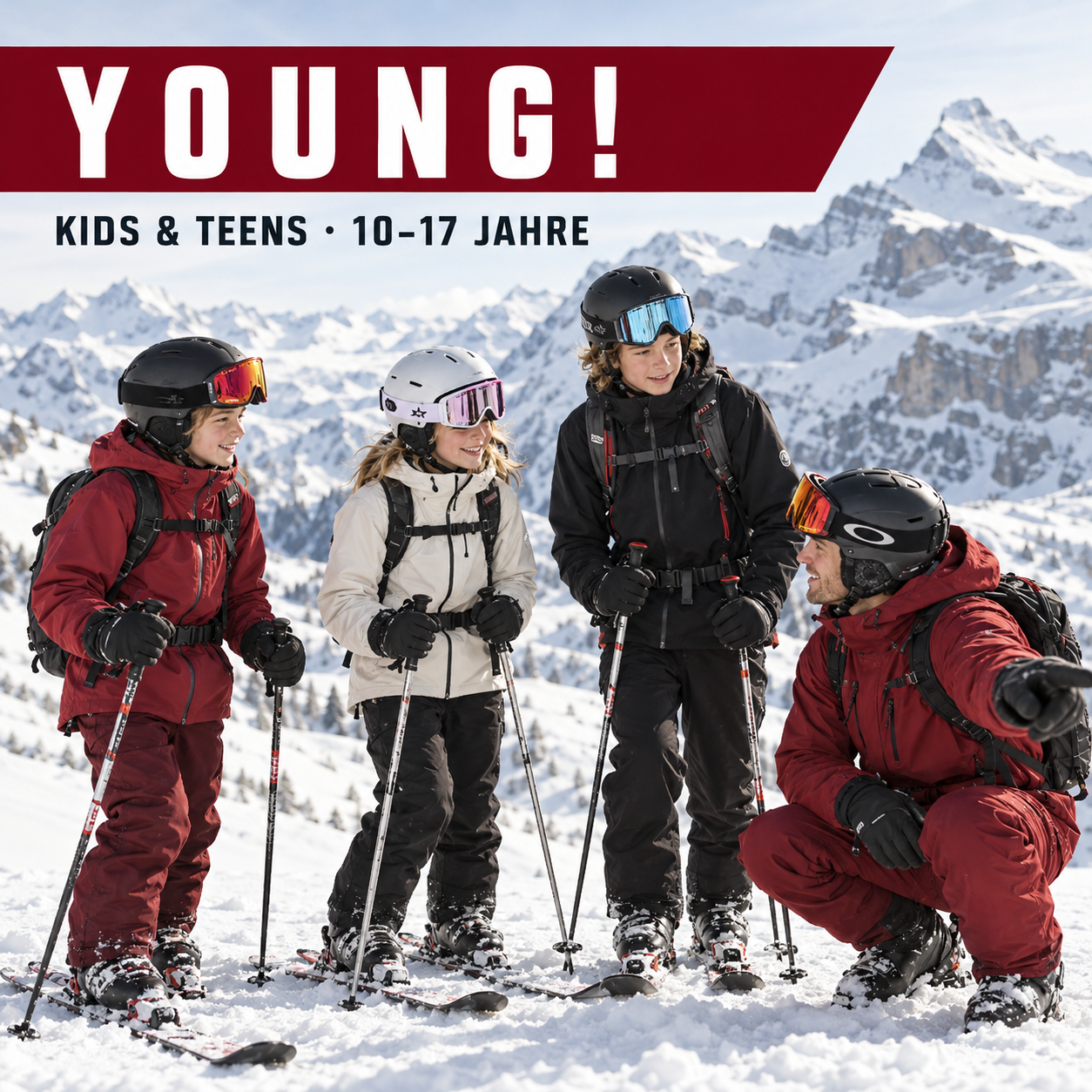 Illustrationsbild: Kinder und Jugendliche mit einem Skilehrer beim YOUNG! Freeride-Workshop