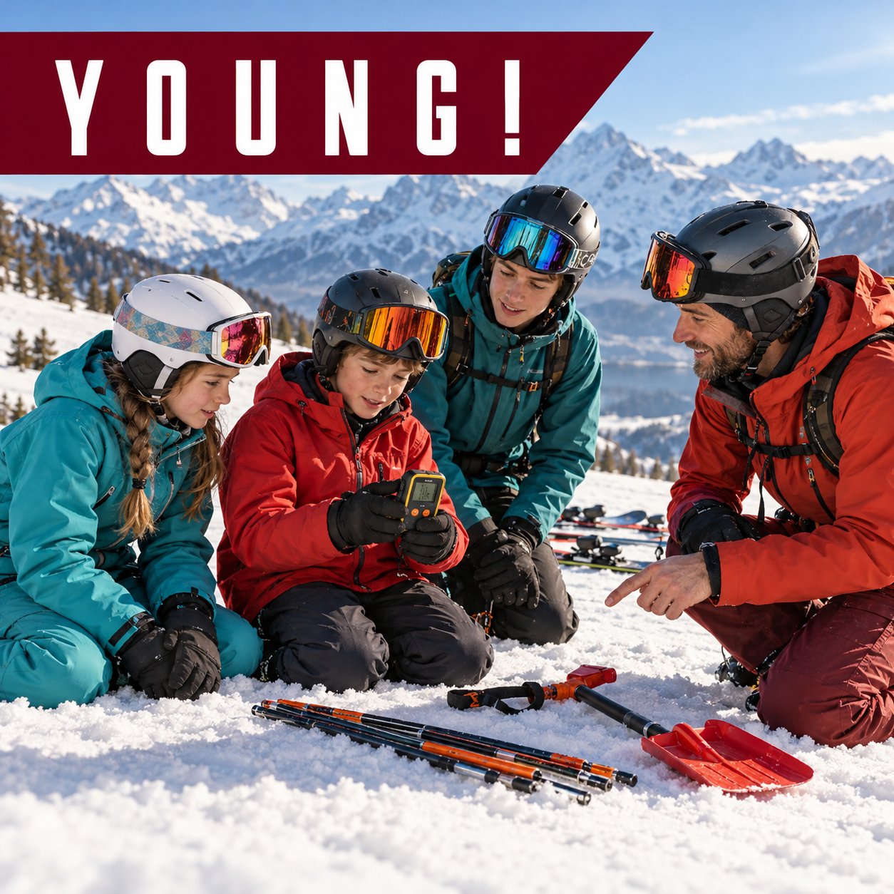 Junge Skifahrer lernen Lawinensicherheit 3 - YOUNG! – Freeride für Kinder & Jugendliche | Sonntag - Freeride Days Engelberg Illustrationsbild: Kinder und Jugendliche lernen LVS, Sonde und Schaufel kennen