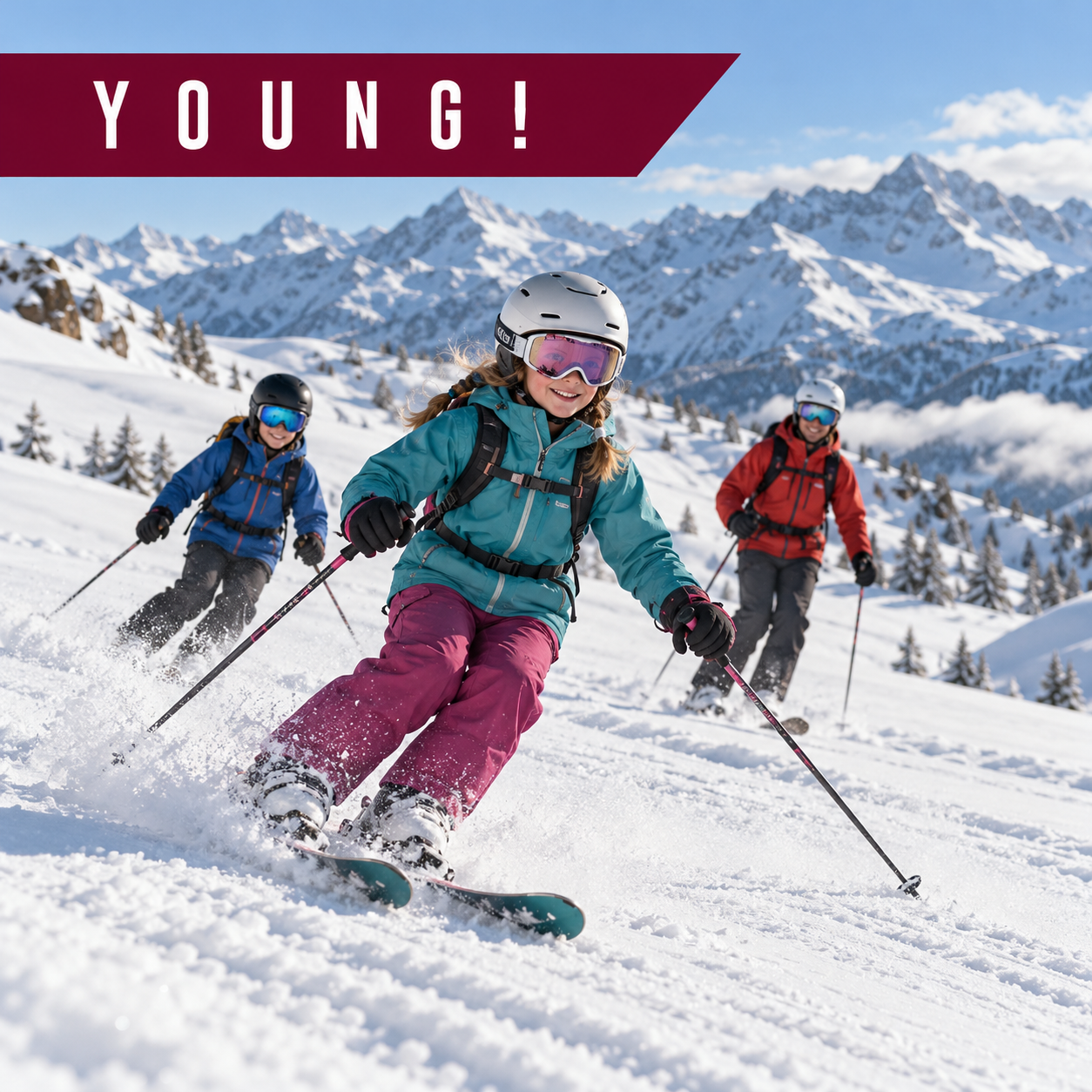 Junge Skifahrer lernen sichere Schwunge im Alpenpulver 2 - YOUNG! – Freeride für Kinder & Jugendliche | Sonntag - Freeride Days Engelberg Illustrationsbild: Kinder üben kontrollierte Kurven im weichen Schnee